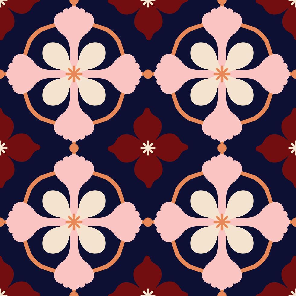 Beautiful seamless pattern with geometric floral tile. Vector texture in ceramic tile style with simple flowers and abstract shapes. Repetitive decorative background