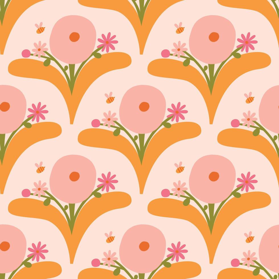Beautiful seamless floral pattern in retro style. Cute blossoming bouquet texture. Vector background with hand drawn flowers and bees