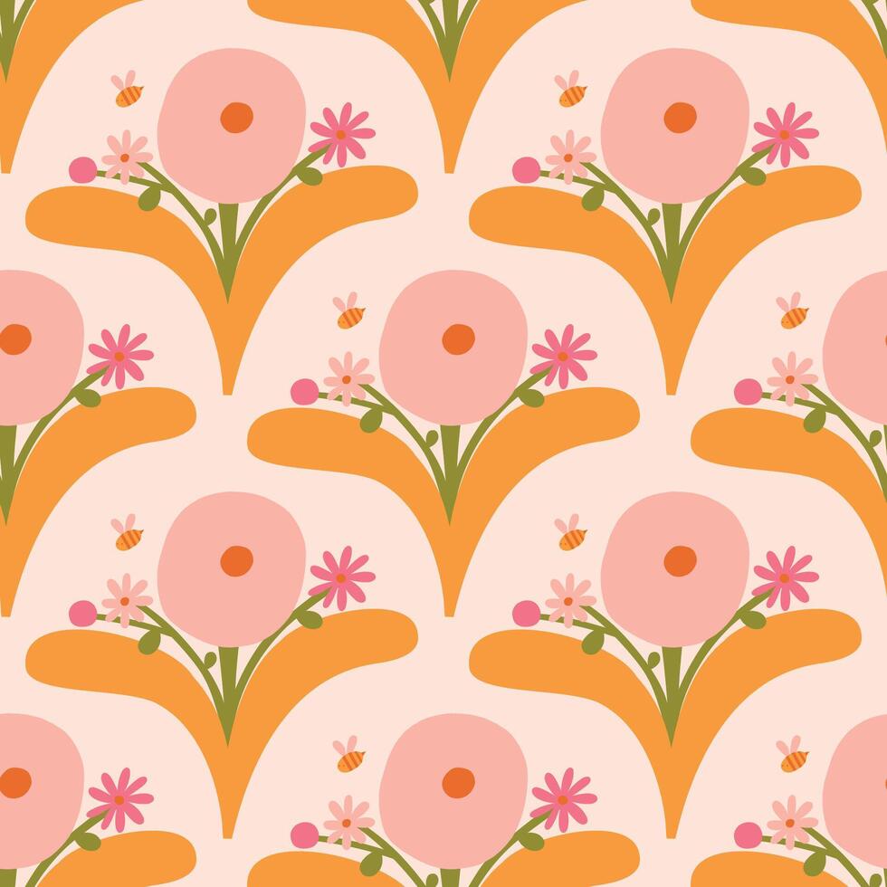 hermosa sin costura floral modelo en retro estilo. linda cierne ramo de flores textura. vector antecedentes con mano dibujado flores y abejas