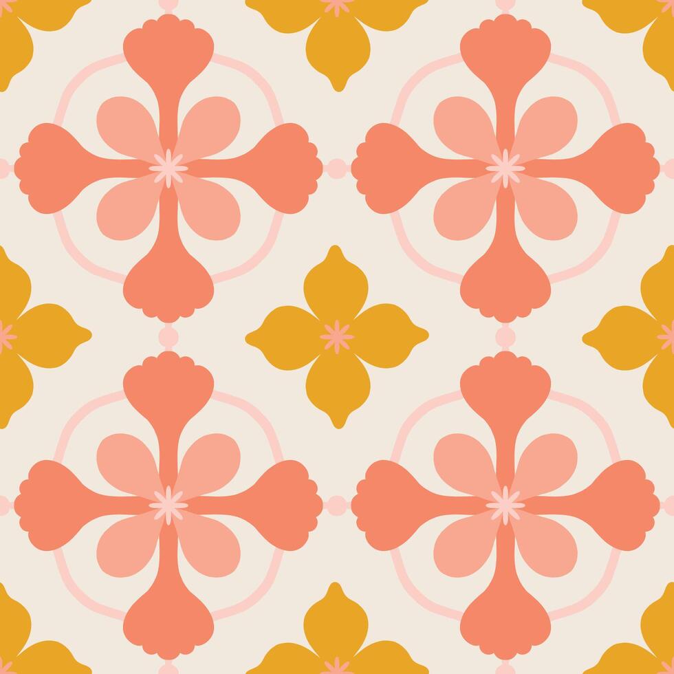 Beautiful seamless pattern with geometric floral tile. Vector texture in ceramic tile style with simple flowers and abstract shapes. Repetitive decorative background