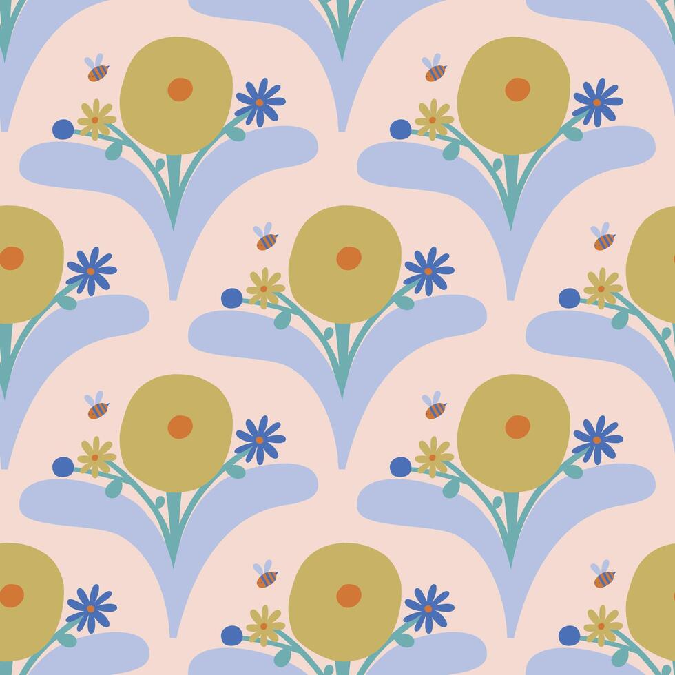 Beautiful seamless floral pattern in retro style. Cute blossoming bouquet texture. Vector background with hand drawn flowers and bees
