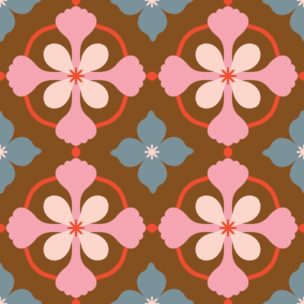 Beautiful seamless pattern with geometric floral tile. Vector texture in ceramic tile style with simple flowers and abstract shapes. Repetitive decorative background