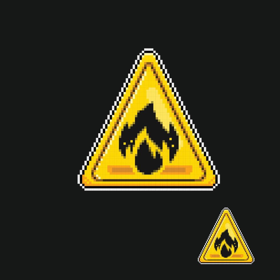 yellow triangle flame sign in pixel art style vector