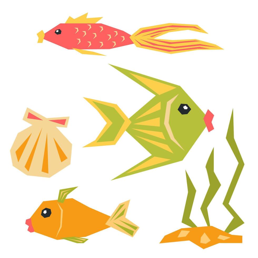 Set of marine fish and aquatic plant, seashell. Cartoon sea life in applique style. Clip art vector