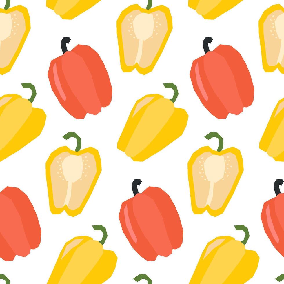 Seamless pattern with ripe peppers and slice. Applique style drawing. Background, wrapping paper. vector