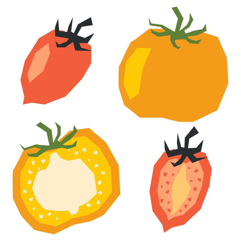 Colorful cutout red and yellow tomatoes and slice. Vegetable shape colored cardboard or paper. Funny naive childish applique. vector