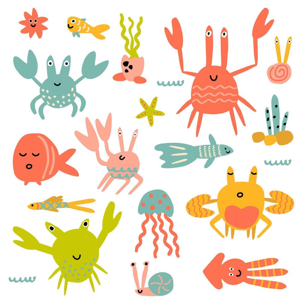 Set of sea animals. Crabs, fish, squid, starfish, snails, jellyfish in childrens style vector