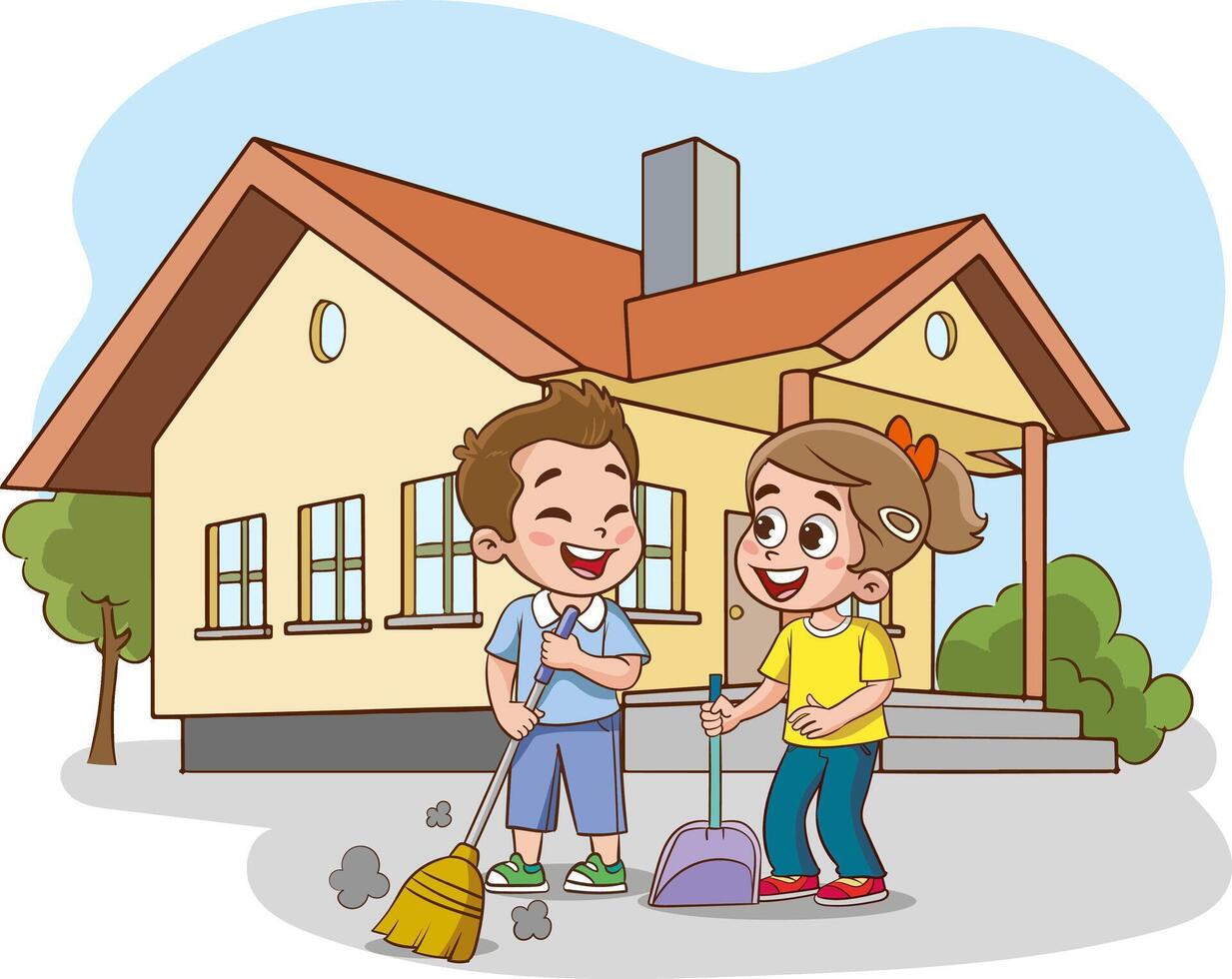 vector illustration of a Little kids Mopping the Floor with a Mop