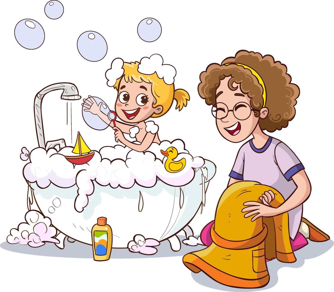 Vector illustration of girl taking bath in bathtub.