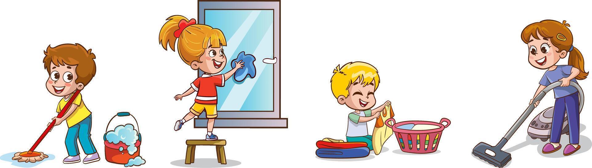 Vector illustration of set of kids doing cleaning and housework. gaining responsibility awareness and helping family.