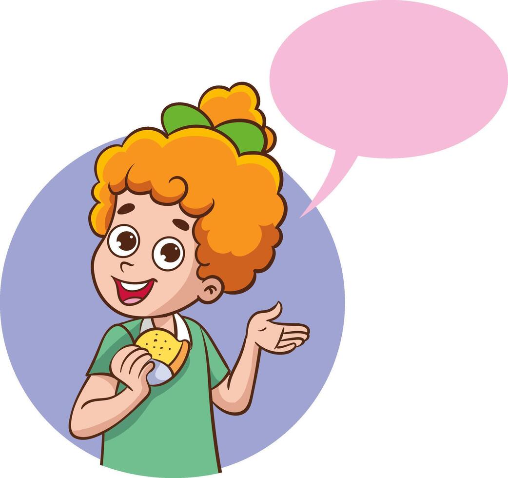 Vector illustration of cartoon girl eating hamburger and speech bubble