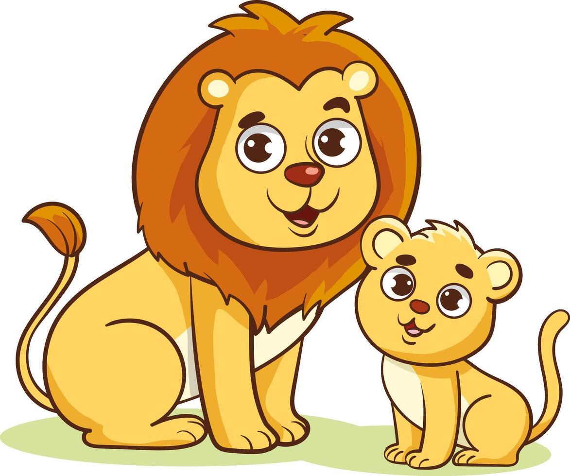Vector Illustration of Cute Lion and baby lion Cartoon Character on White Background