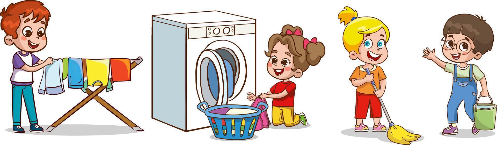 Vector illustration of set of kids doing cleaning and housework. gaining responsibility awareness and helping family.