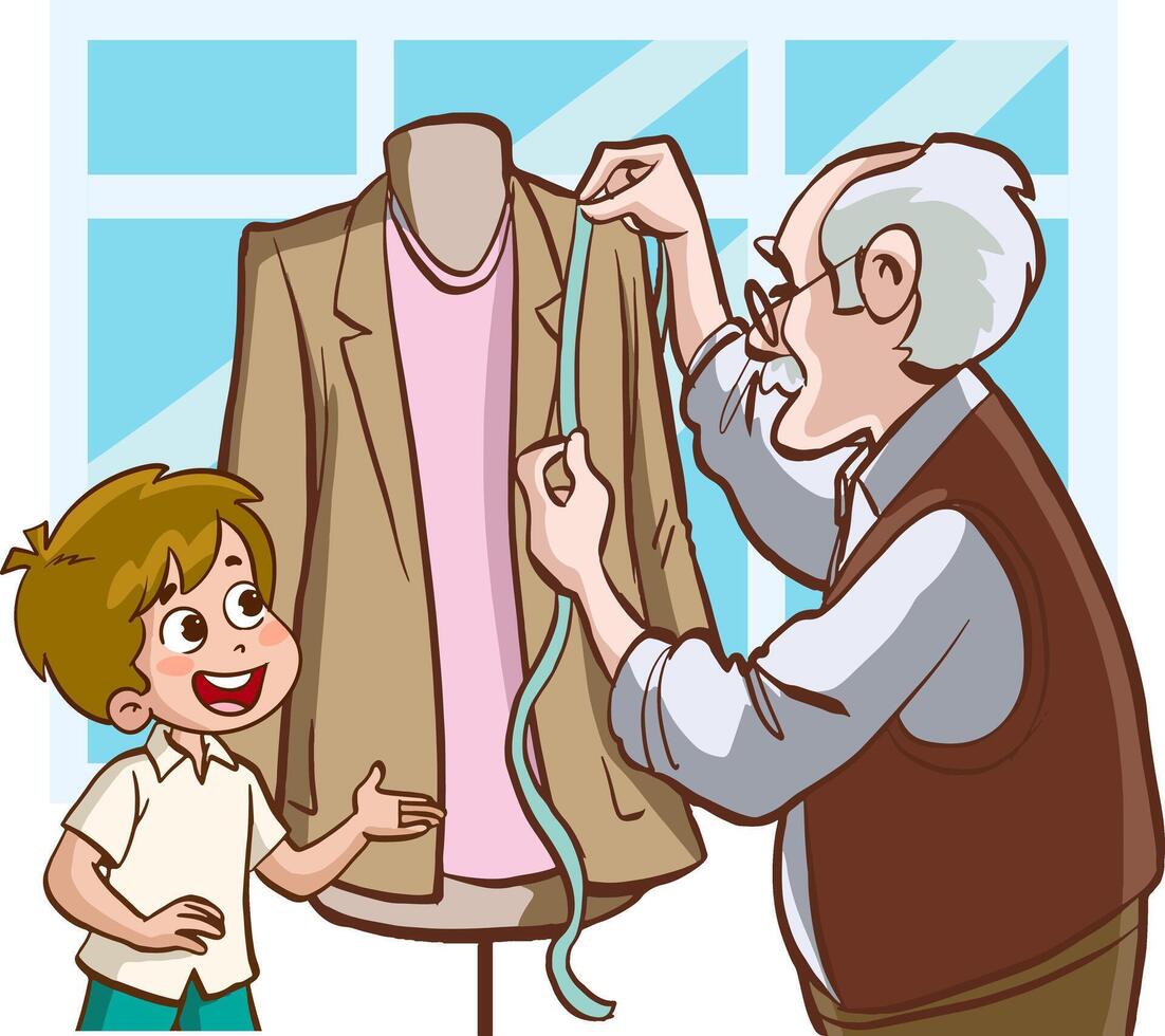 vector illustration of working tailor and children asking him questions