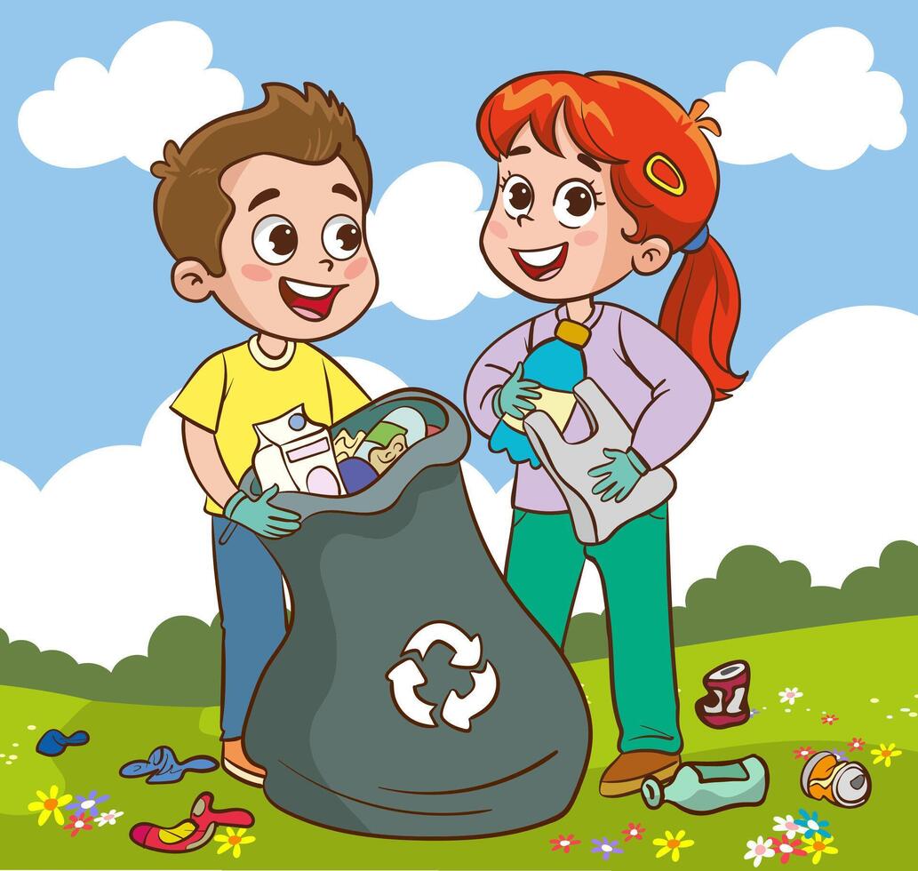 Vector illustration of boys and girls collecting plastic bottles and garbage in the park