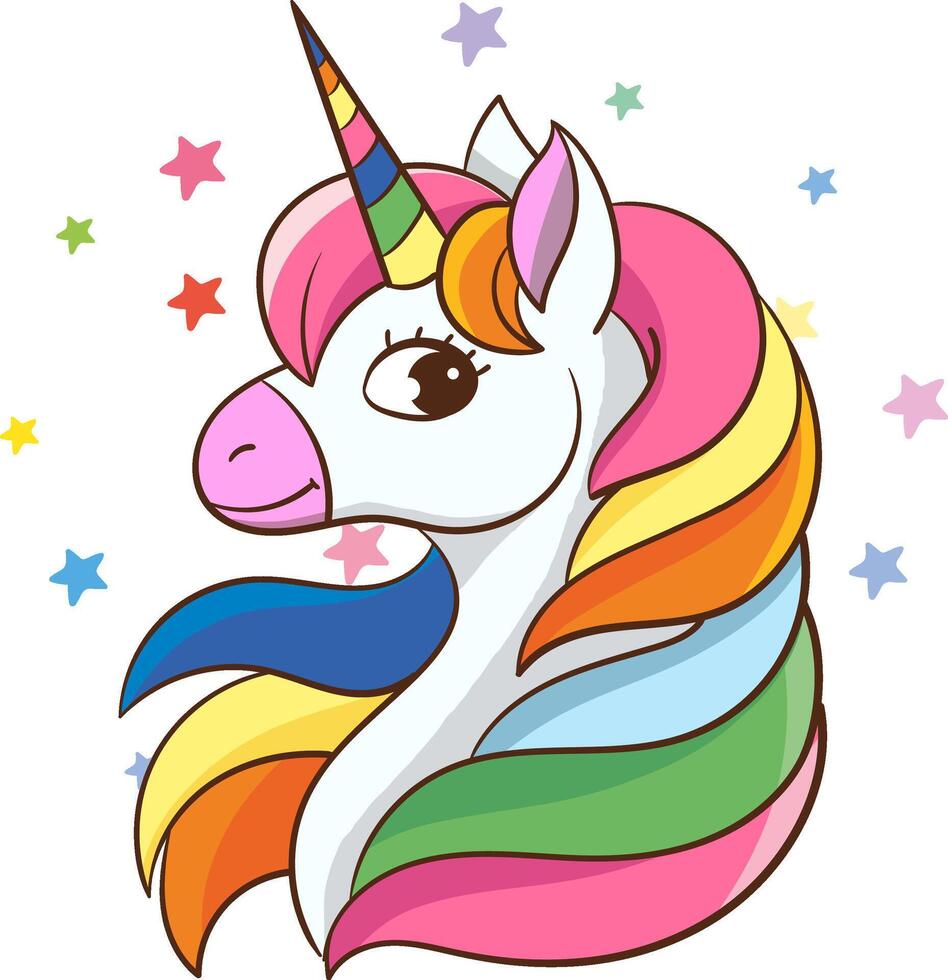 Unicorn head with rainbow mane, cute cartoon style drawing, vector illustration