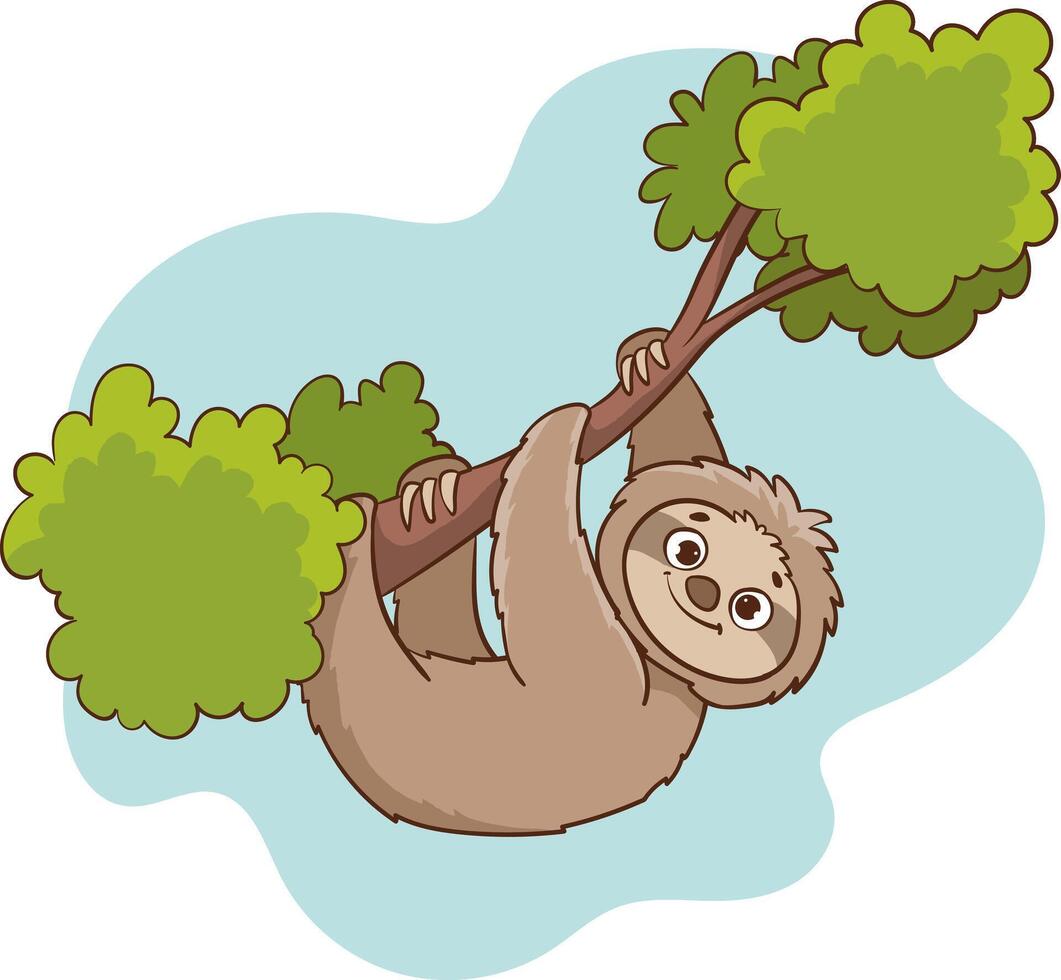 Vector illustration of cute sloth hanging on a tree branch.