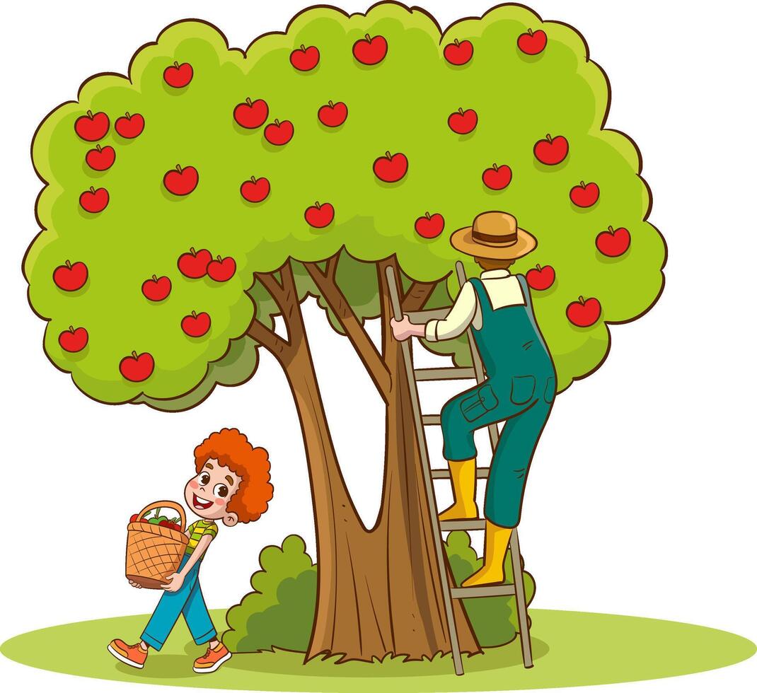 vector illustration of father and children picking fruit from the tree