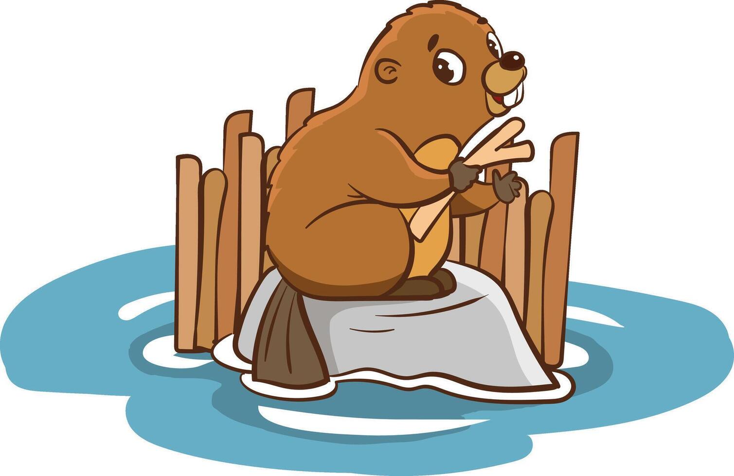 Vector illustration of cute cartoon beaver sitting on a rock.