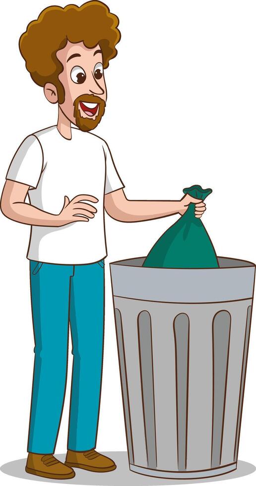 vector illustration of man throwing garbage bag into trash can