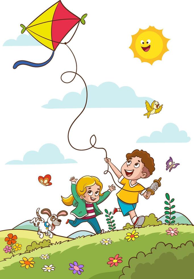 little kids playing with his friend in nature and feeling happy.kids flying kites.play time. vector