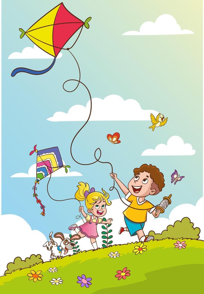 little kids playing with his friend in nature and feeling happy.kids flying kites.play time. vector