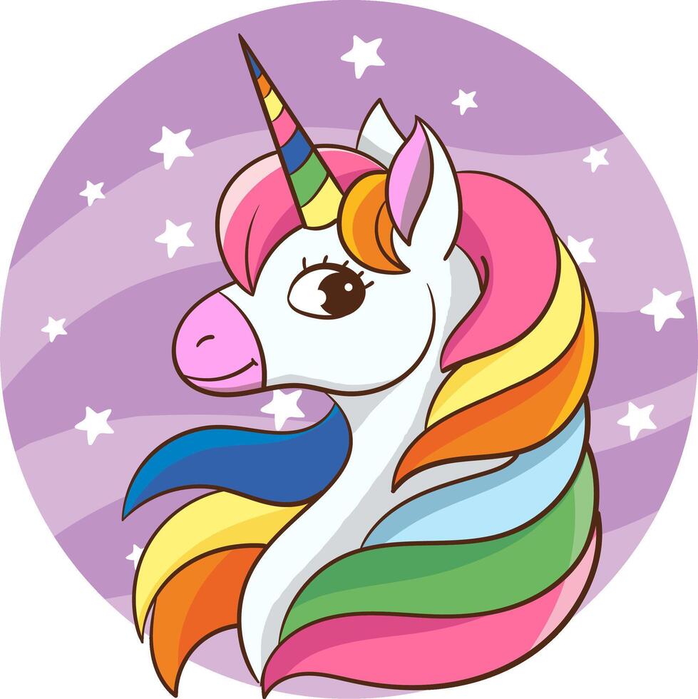 Unicorn head with rainbow mane, cute cartoon style drawing, vector illustration