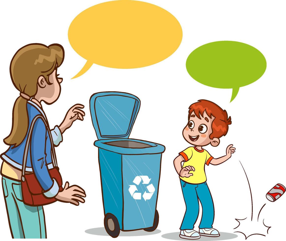 Vector illustration of mother and her child throwing garbage into the trash can.