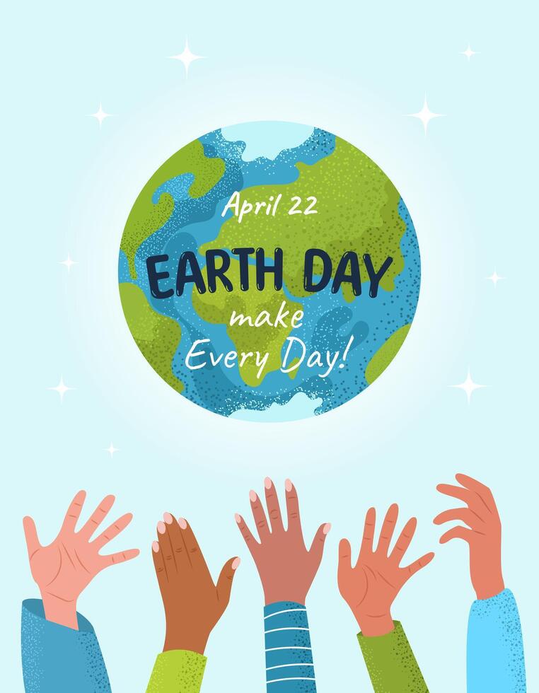 Happy Earth Day. Environmental protection. Poster in cartoon style with planet Earth, human hands and slogan. Caring for Nature. Vector illustration for banner, social media post, celebration card.