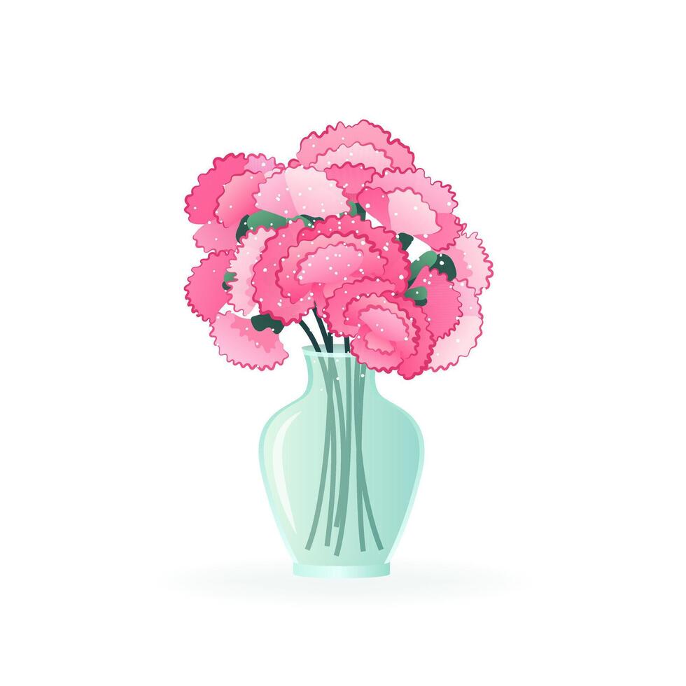 Bouquet of carnations. Flowers in vase. isolated vector illustration on white background. Modern art for poster, postcard, banner, card and etc. Vector clip art. Women's Day, Mother's Day.