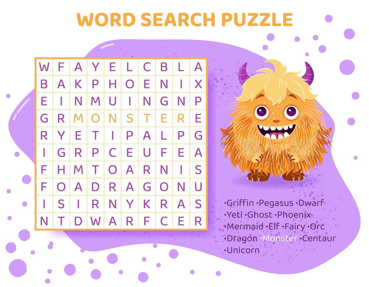 Word search puzzle with mythical animals. Magical creatures. Education game for children. Learning English language. Cartoon spelling puzzle. Test for kids. Crossword page. Vector illustration.