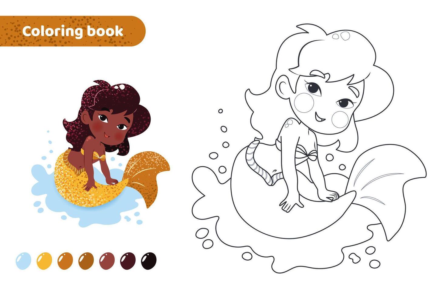 Coloring book for kids. Worksheet for drawing with cartoon mermaid. Cute magical creature with tail. Coloring page with color palette for children. Vector illustration.