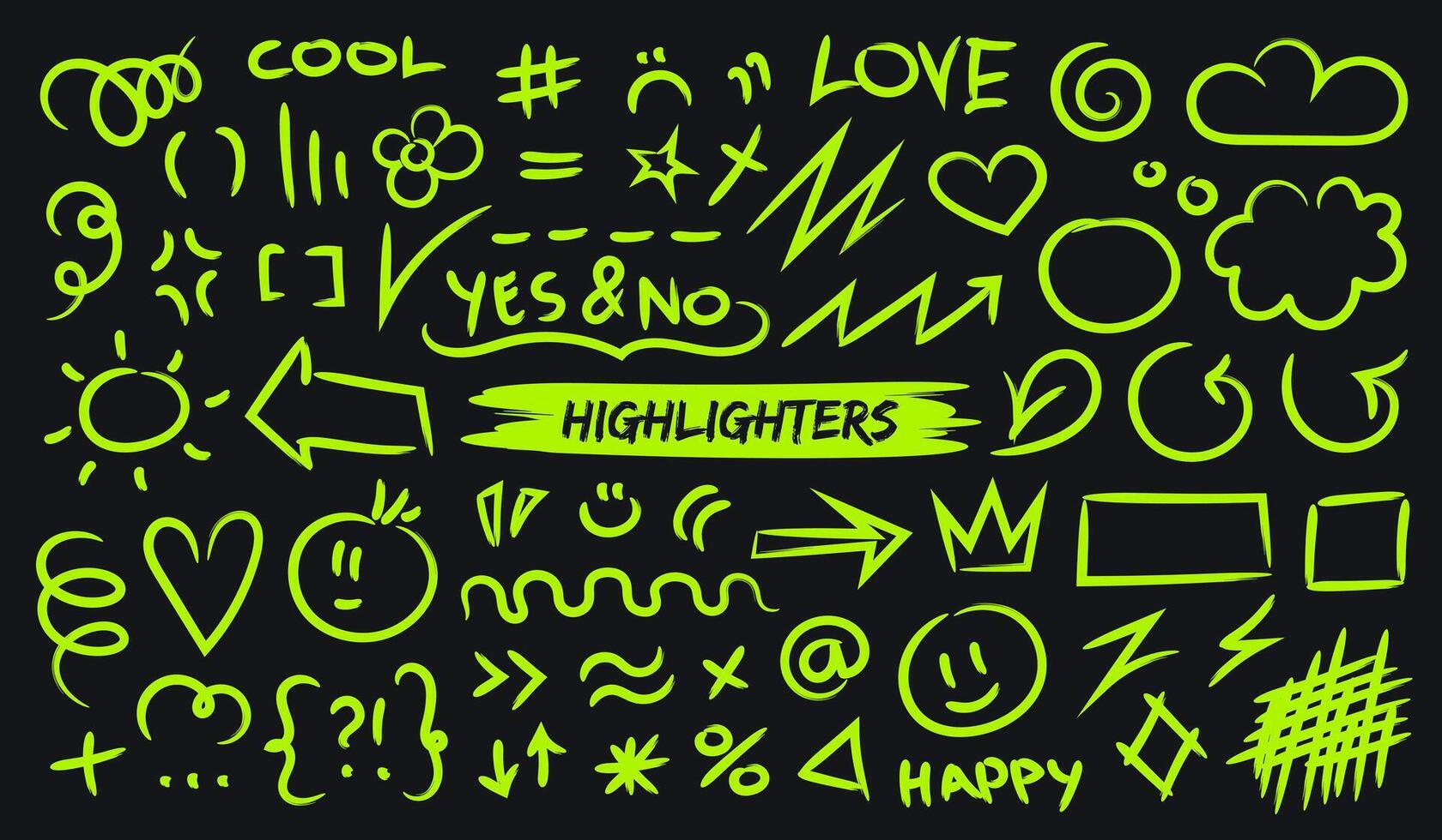 Set of hand drawn highlight brush lines, shapes, elements. isolated vector symbols on black background. Doodle neon green strokes of marker. Acid highlighters marker stripes, underlines for any use.