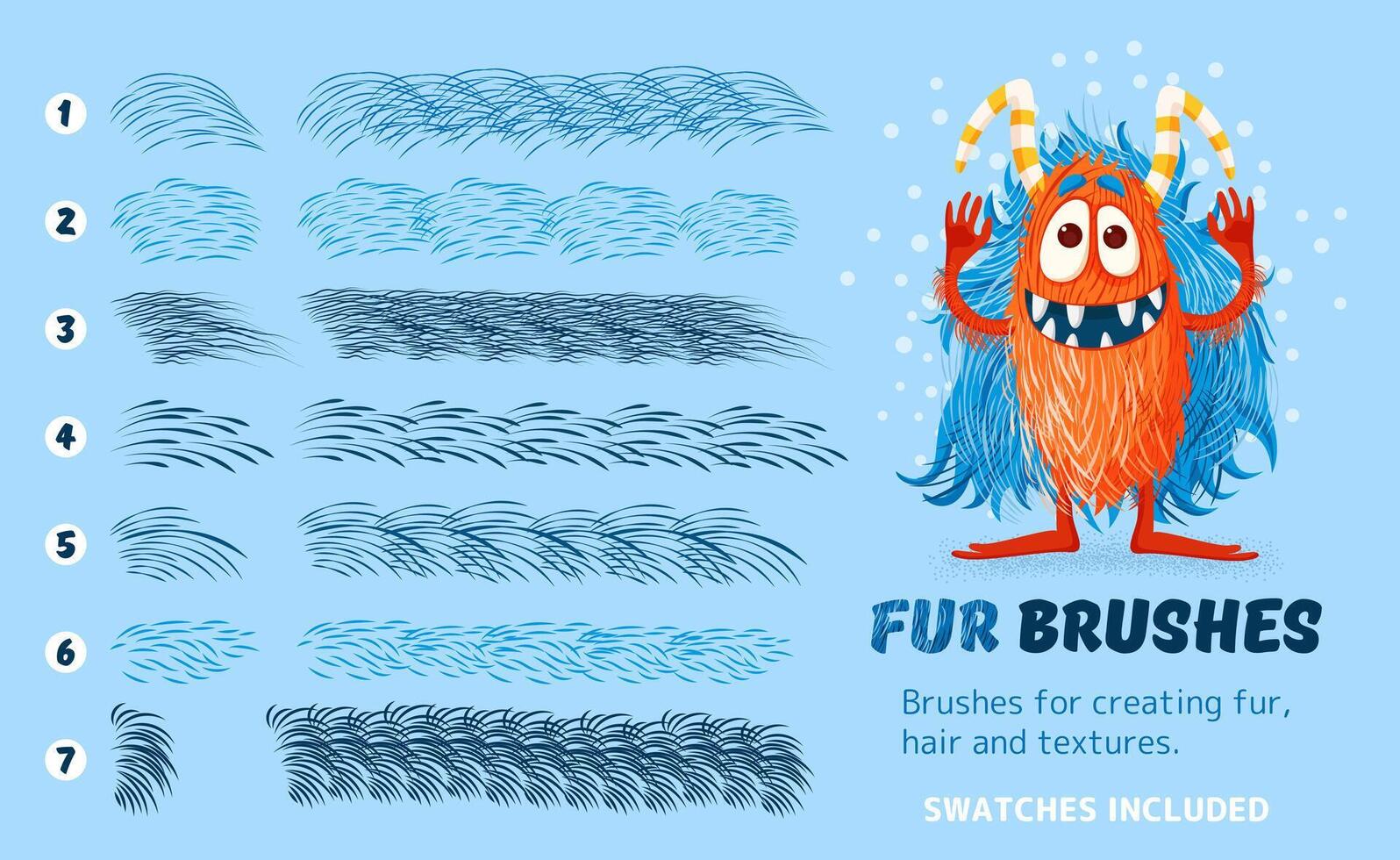 Fur brushes collection. isolated artistic strokes on background. Vector textured hand drawn brushes set for creating fur, hair, fluffy creatures. Swatches included. Eps 10. Abstract design kit.