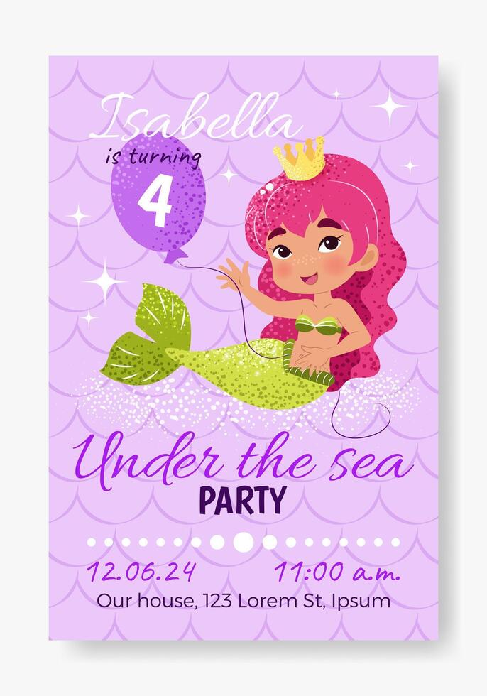 Birthday party invitation greeting card with cute mermaid and balloon. Under the sea party for kids. Childish Vector template in flat cartoon style. isolated elements.