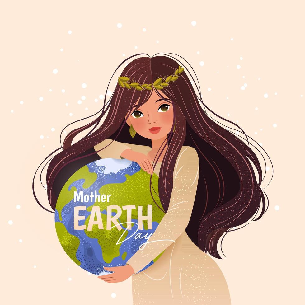 Happy Mother Earth Day. Environmental protection. Poster in cartoon style with woman, planet Earth and slogan. Caring for Nature. Vector illustration for banner, social media post, celebration card.