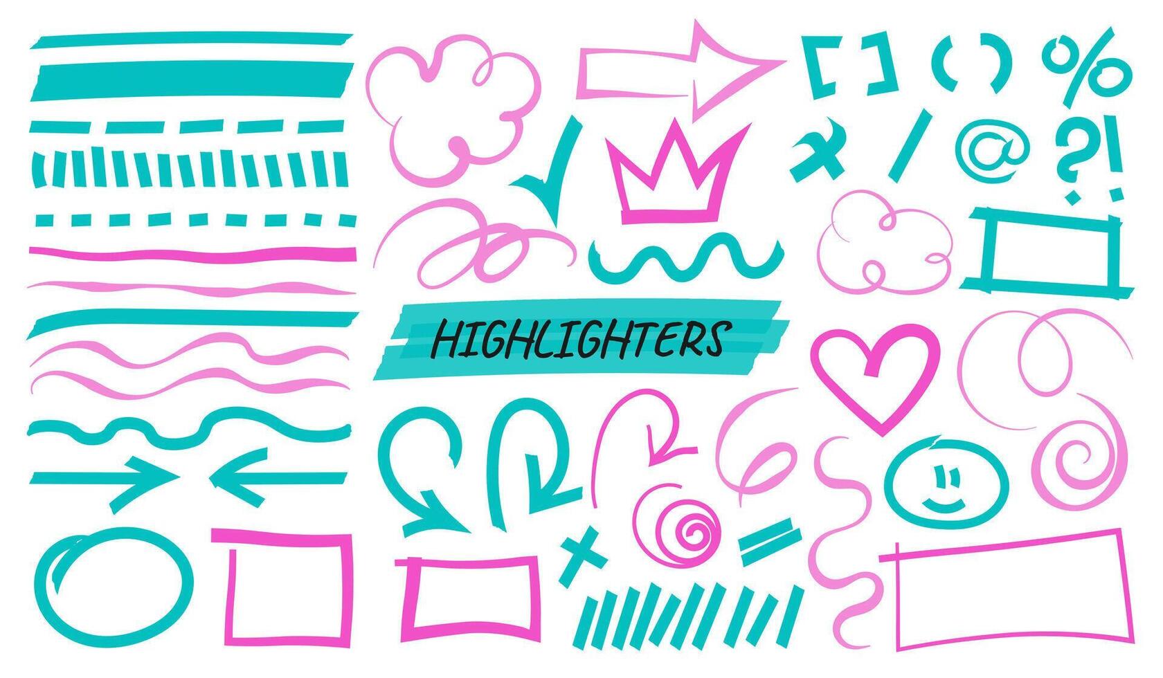 Highlight brush lines, shapes, elements. Big set of hand drawn isolated vector objects on white background. Multicolored doodle strokes. Acid highlighters marker stripes, underlines for any use.