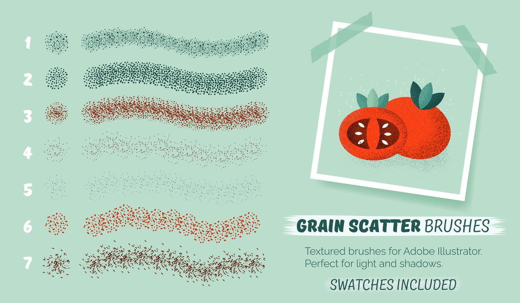 Grain scatter brushes. Set of abstract grunge brushes. Creative collection with noise effect, grunge texture, paint splash, halftone. Basic kit and brush strokes. Swatches included. Vector eps10.