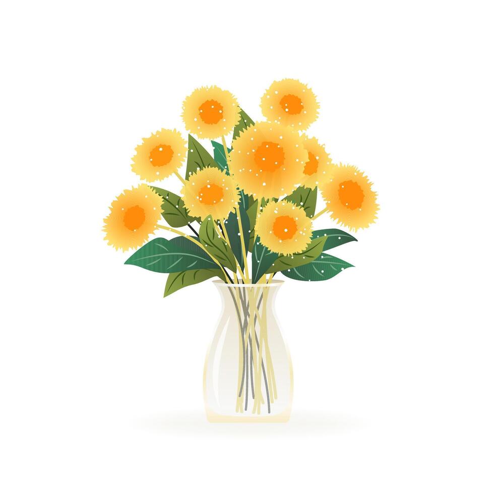 Bouquet of dandelions. Flowers in vase. isolated vector illustration on white background. Modern art for poster, postcard, banner, card and etc. Vector clip art. Women's Day, Mother's Day.