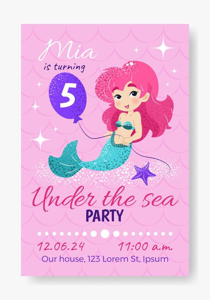Birthday party invitation greeting card with cute mermaid and balloon. Under the sea party for kids. Childish Vector template in flat cartoon style. isolated elements.