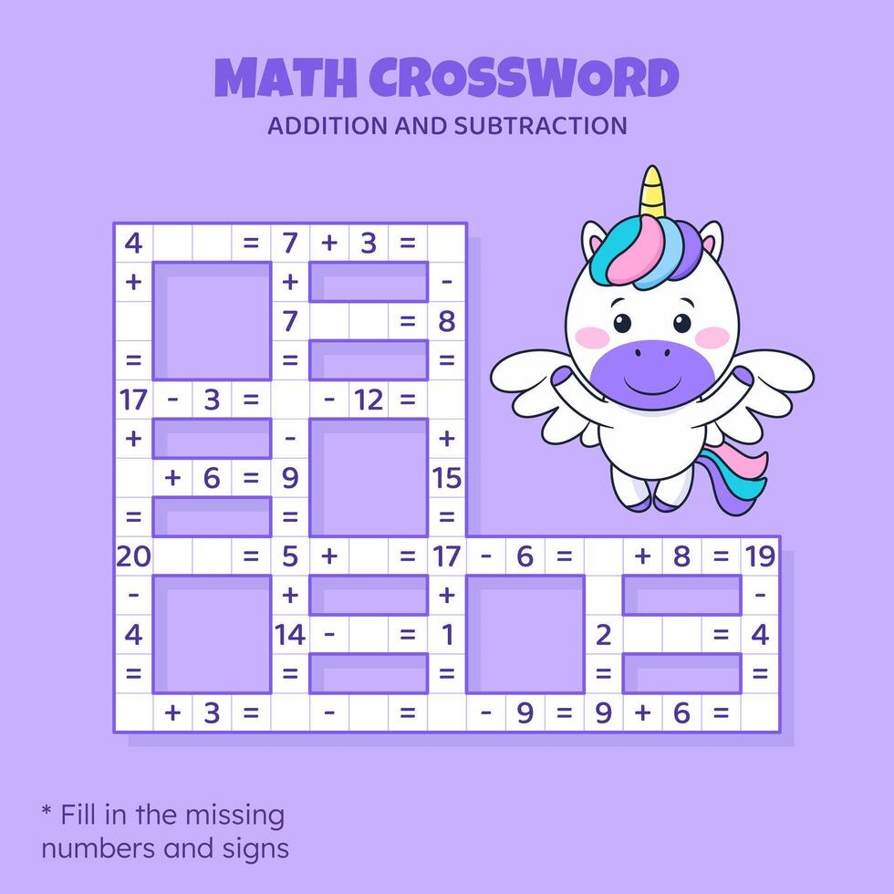 Math Crossword puzzle for kids. Addition and subtraction. Counting up to 20. Game for children. Vector illustration. Colorful crossword with cartoon unicorn. Task, education material for kids.