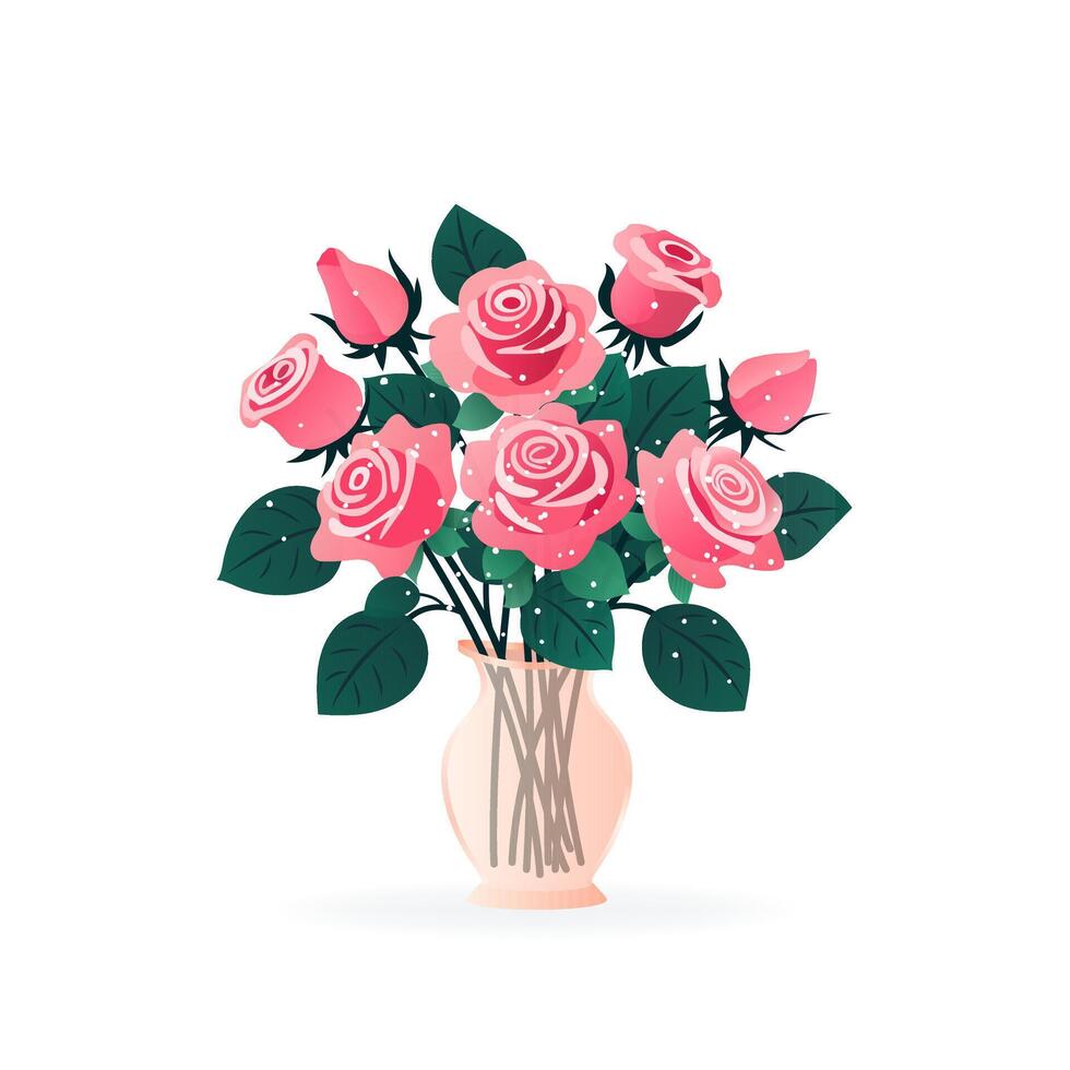 Bouquet of pink roses. Flowers in vase. isolated vector illustration on white background. Modern art for poster, postcard, banner, card and etc. Vector clip art. Women's Day, Mother's Day.