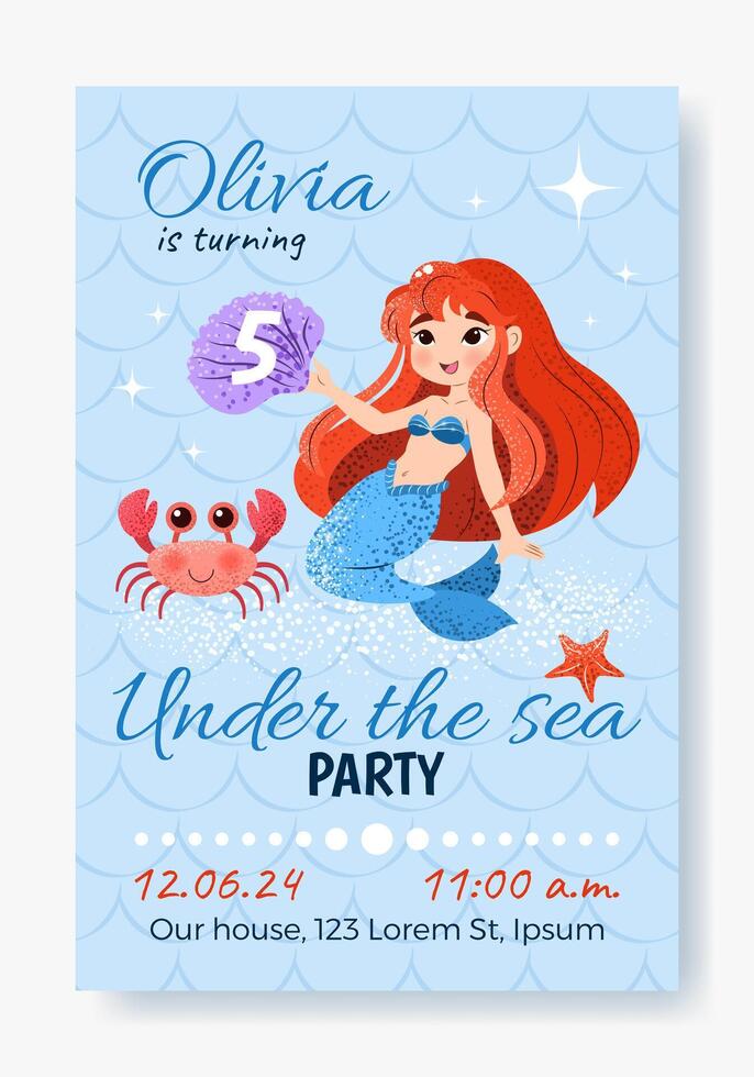 Birthday party invitation greeting card with cute mermaid and ocean creatures. Under the sea party for kids. Childish Vector template in flat cartoon style. isolated elements.