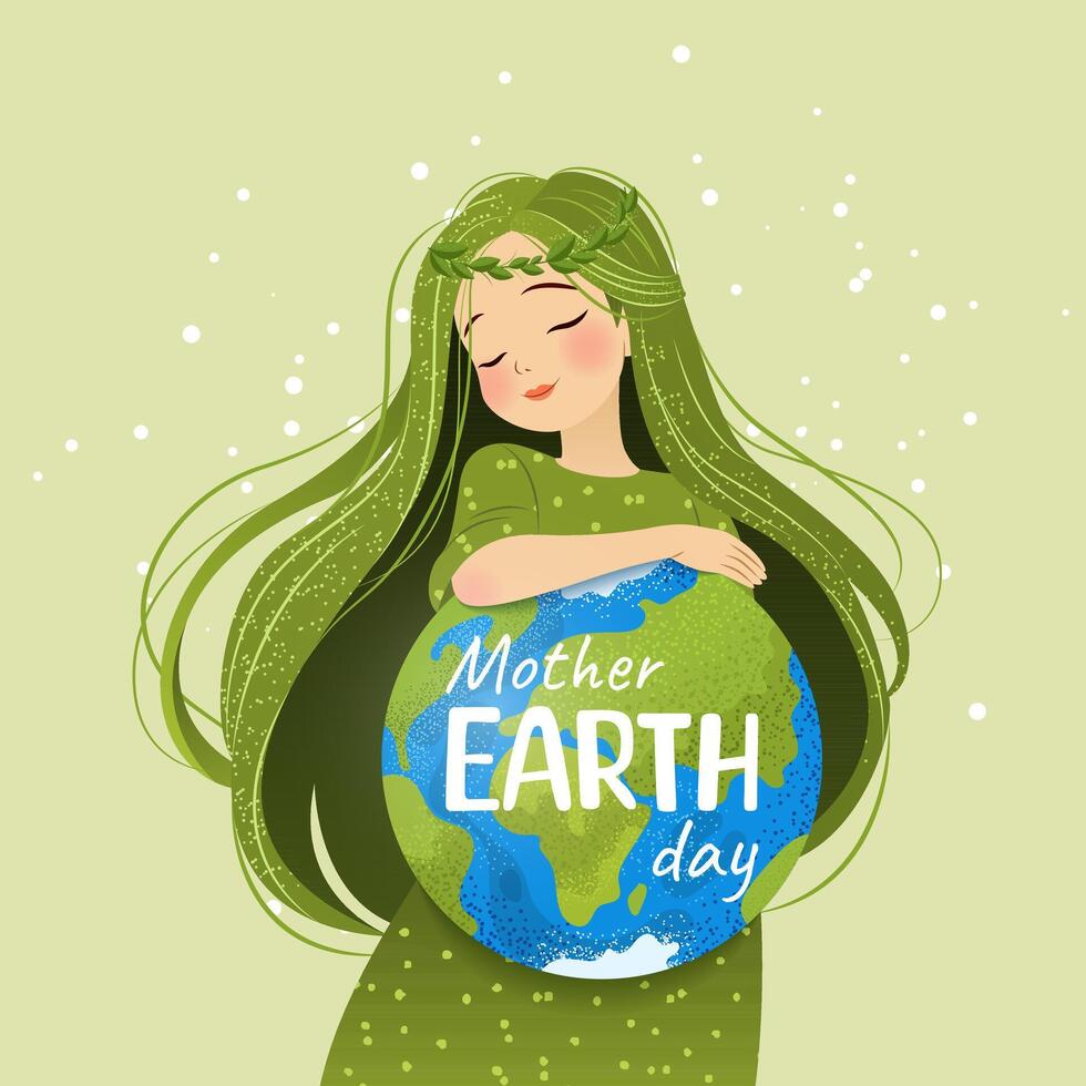 Happy Mother Earth Day. Environmental protection. Poster in cartoon style with woman, planet Earth and slogan. Caring for Nature. Vector illustration for banner, social media post, celebration card.