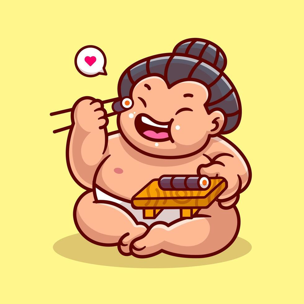 Cute Sumo Eating Sushi Cartoon Vector Icon Illustration. People Food Icon Concept Isolated Premium Vector. Flat Cartoon Style