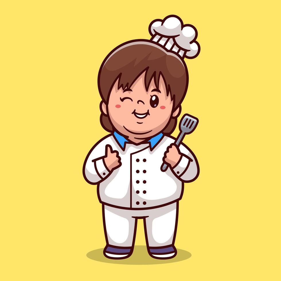 linda niño cocinero participación espátula dibujos animados vector icono ilustración. personas comida icono concepto aislado prima vector. caricatura plana estilo