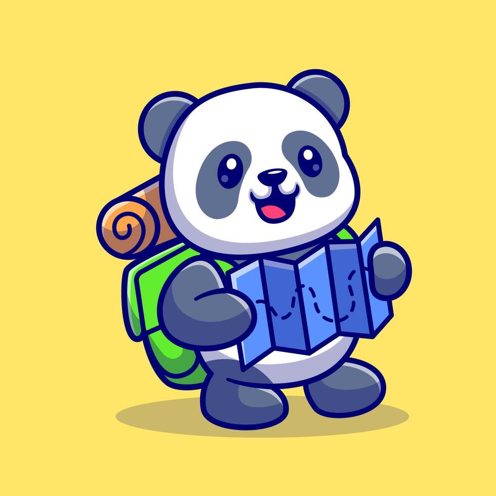 Cute Panda Backpacker Reading Map Cartoon Vector Icon Illustration. Animal Nature Icon Concept Isolated Premium Vector. Flat Cartoon Style