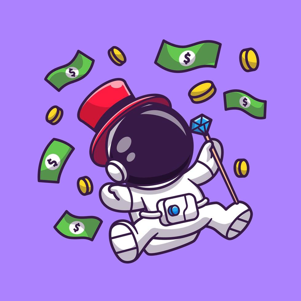 Cute Rich Astronaut Floating With Money Cartoon Vector Icon Illustration. Science Business Icon Concept Isolated Premium Vector. Flat Cartoon Style