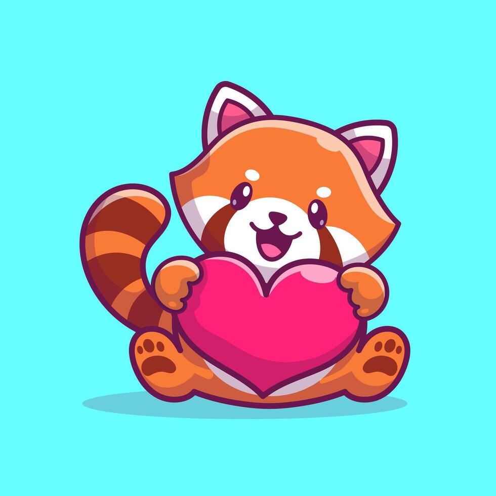 Cute Red Panda Holding Love Heart Cartoon Vector Icon Illustration. Animal Love Icon Concept Isolated Premium Vector. Flat Cartoon Style