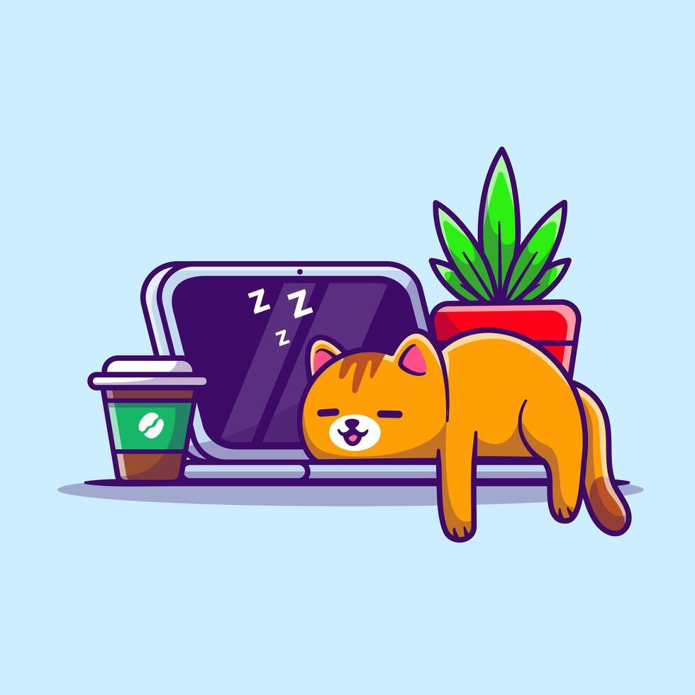 Cute Cat Sleeping On Laptop With Coffee Cartoon Vector Icon Illustration. Animal Technology Icon Concept Isolated Premium Vector. Flat Cartoon Style